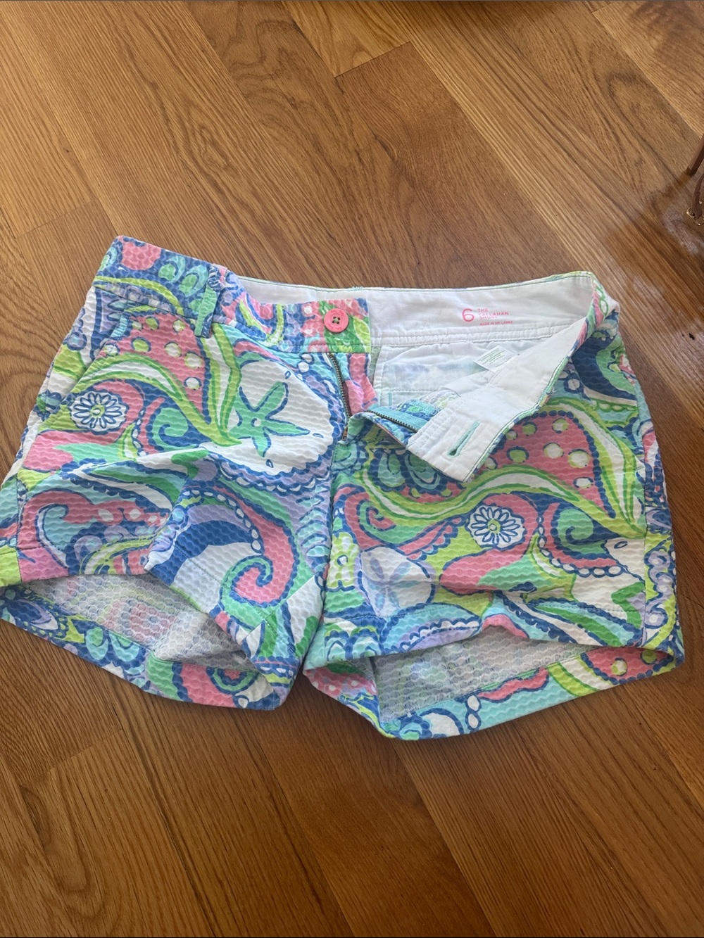Lilly Pulitzer High-Waist Paisley Seersucker Shorts in Pink, Green & Blue